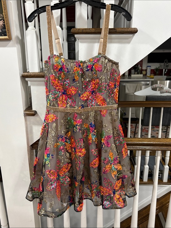 Bronx and Banco Dresses & Skirts - Bronx and Banco Brown Mini Dress with Multicolor Sequin Floral Embroidery